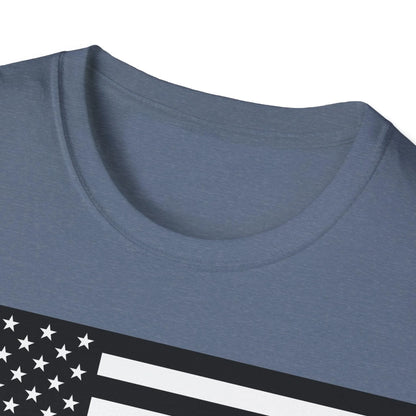 Close-up of the white crew neck collar and reinforced stitching on the black fabric of the American Flag Heartbeat T-Shirt