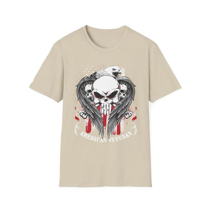 Close-up of the American Veteran T-Shirt's front neckline showcasing reinforced stitching and soft cotton fabric in charcoal