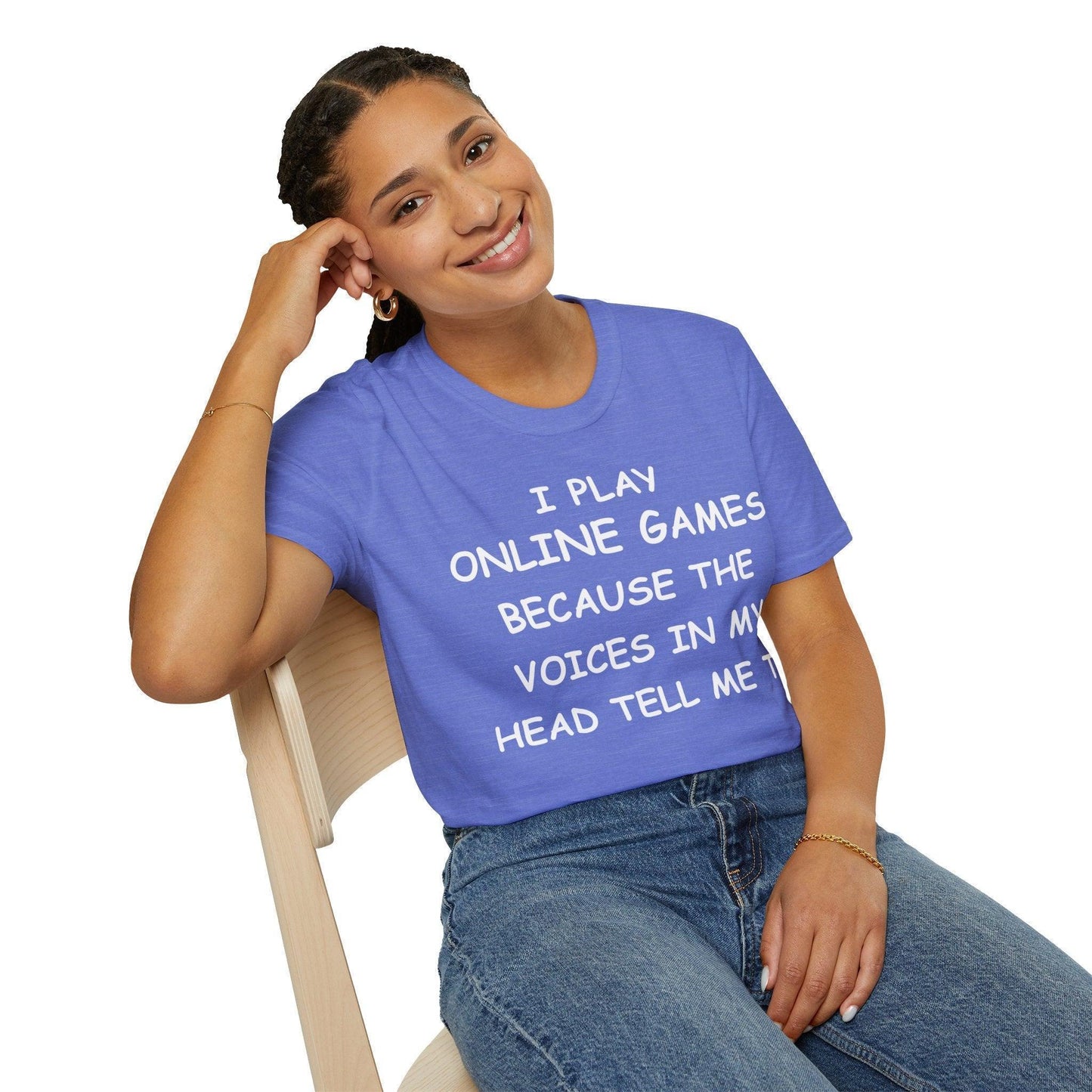 Close-up of the white unisex I Play Online Games T-shirt's textured softstyle fabric and crew neckline from a slight
