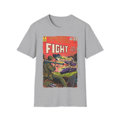 Close-up of the Fight The Enemy No.2 T-shirt’s navy blue fabric highlighting soft cotton texture and reinforced stitching at