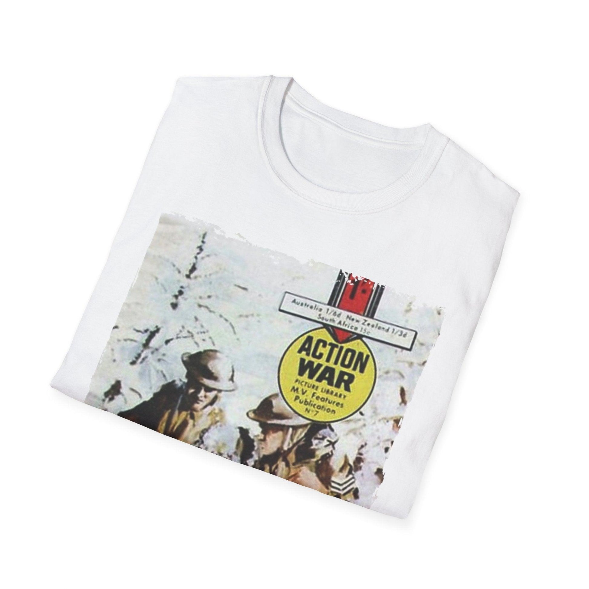 Close-up of the unisex softstyle T-shirt's navy fabric showing subtle texture and relaxed fit neckline detail from an