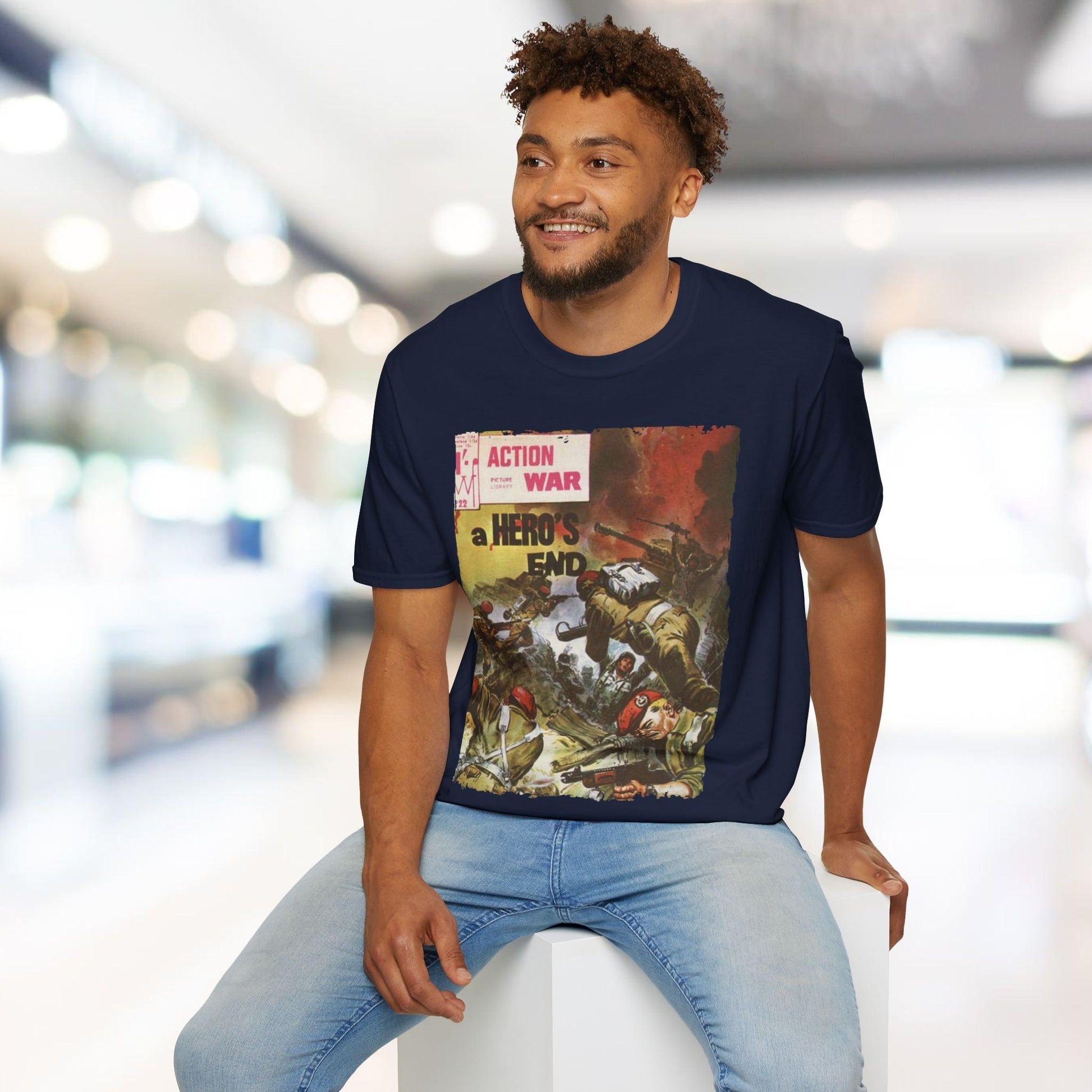 Close-up of the unisex softstyle fabric showing smooth cotton blend texture and reinforced crew neckline from a low angle.