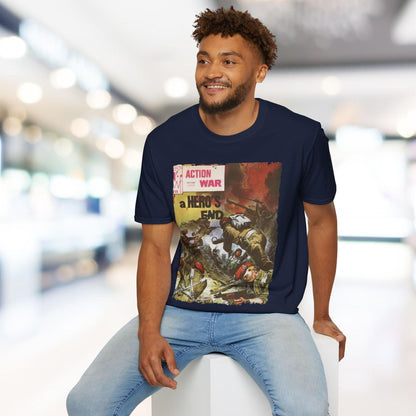 Close-up of the unisex softstyle fabric showing smooth cotton blend texture and reinforced crew neckline from a low angle.