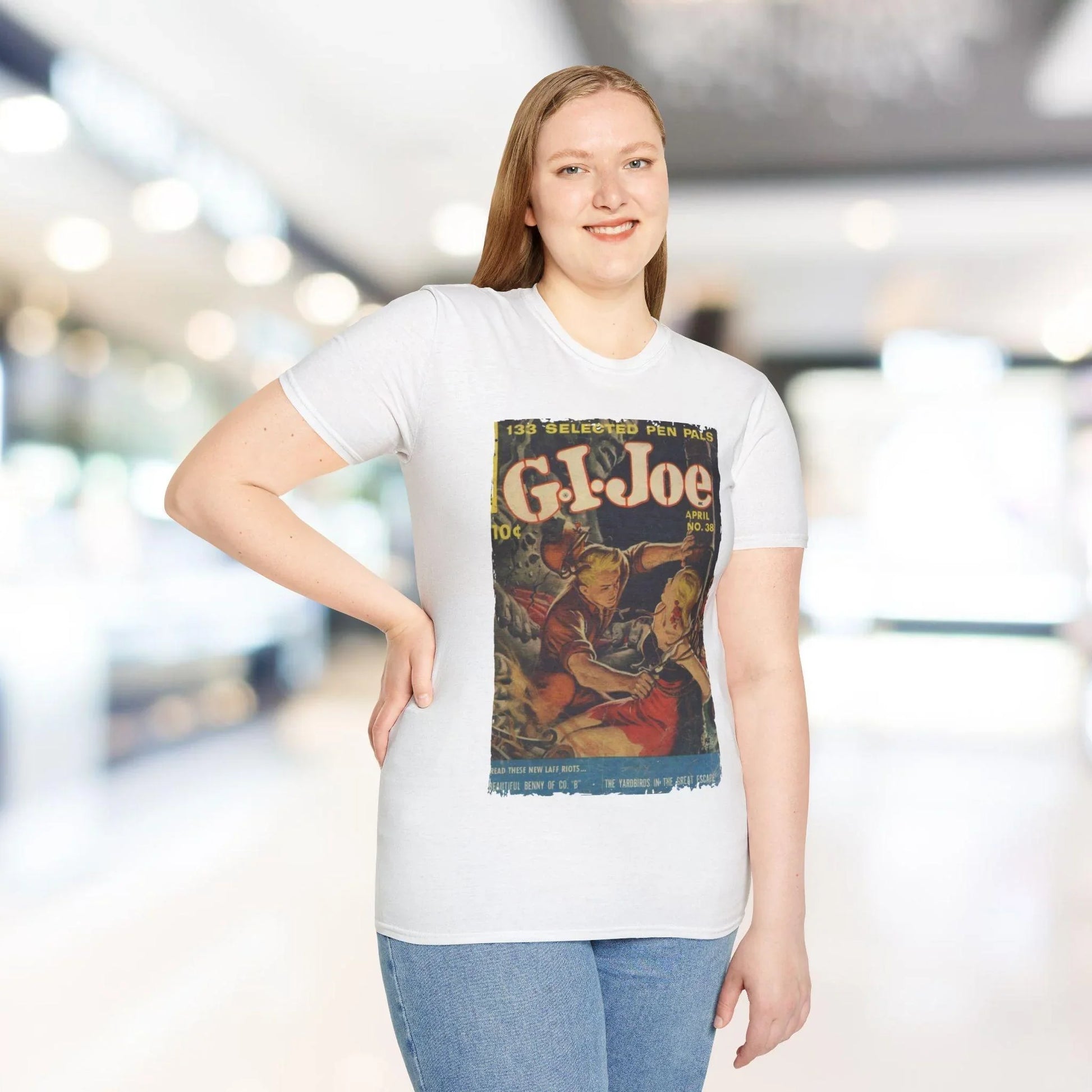 Close-up of the G.I. Joe No.38 softstyle T-shirt's fabric texture and subtle heathered navy color from the sleeve edge