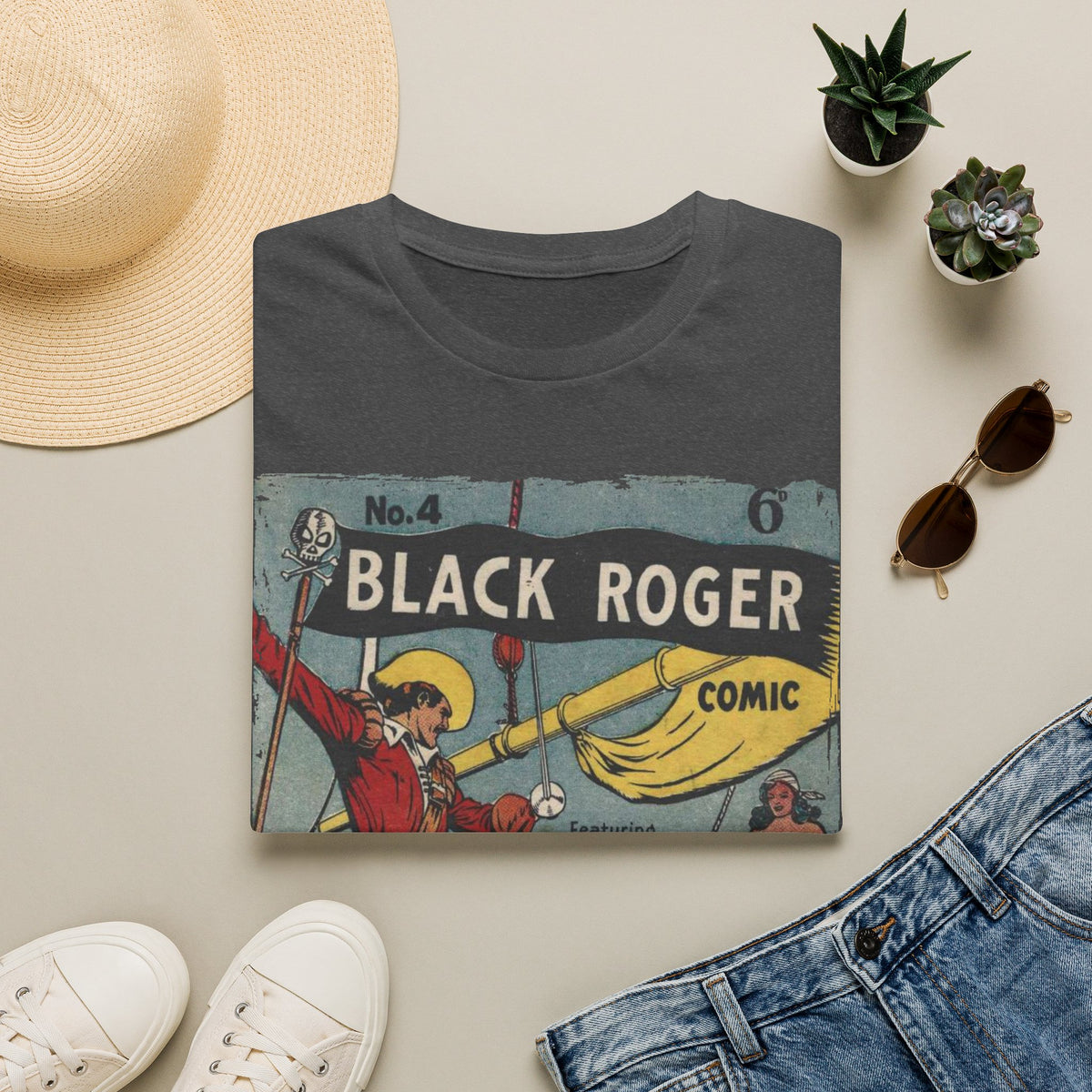 Close-up of the Black Roger No.4 unisex softstyle T-shirt's subtle woven fabric texture and reinforced neckline stitching