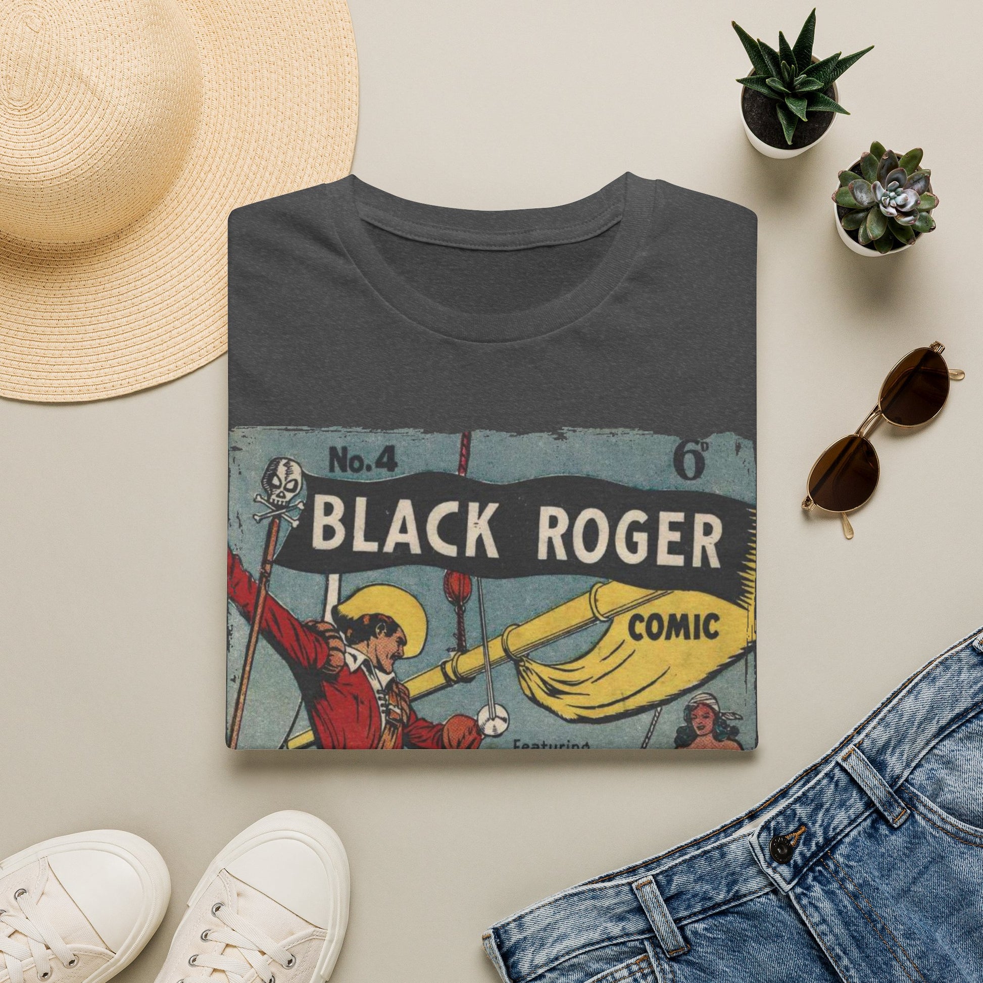 Close-up of the Black Roger No.4 unisex softstyle T-shirt's subtle woven fabric texture and reinforced neckline stitching