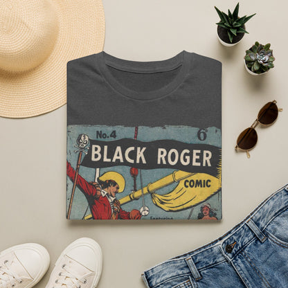 Close-up of the Black Roger No.4 unisex softstyle T-shirt's subtle woven fabric texture and reinforced neckline stitching