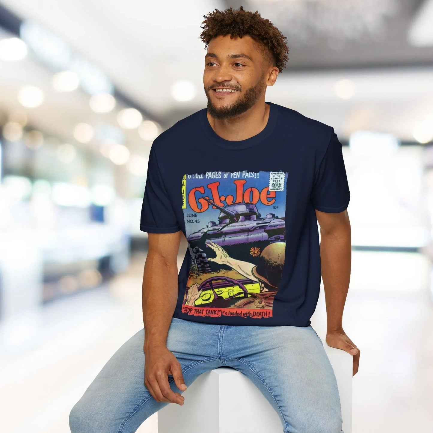 Close-up of the G.I. Joe No.45 unisex softstyle T-shirt’s relaxed fit tag sewn into the hem, highlighting fabric texture and