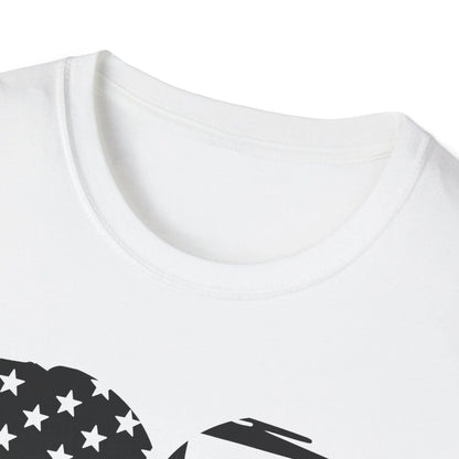 Close-up of the American Heart B&W unisex soft-style T-shirt’s black fabric, highlighting the smooth knit texture and subtle