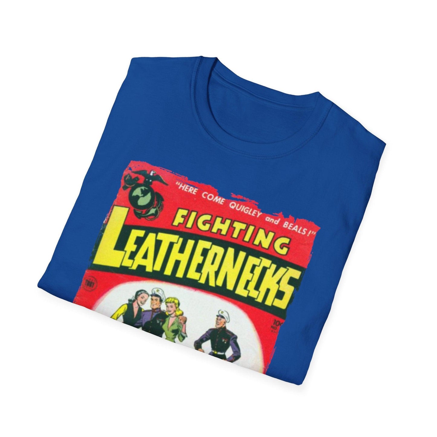 Close-up of the Fighting Leathernecks #4 T-shirt's soft cotton fabric and relaxed fit, highlighting the navy color and crew