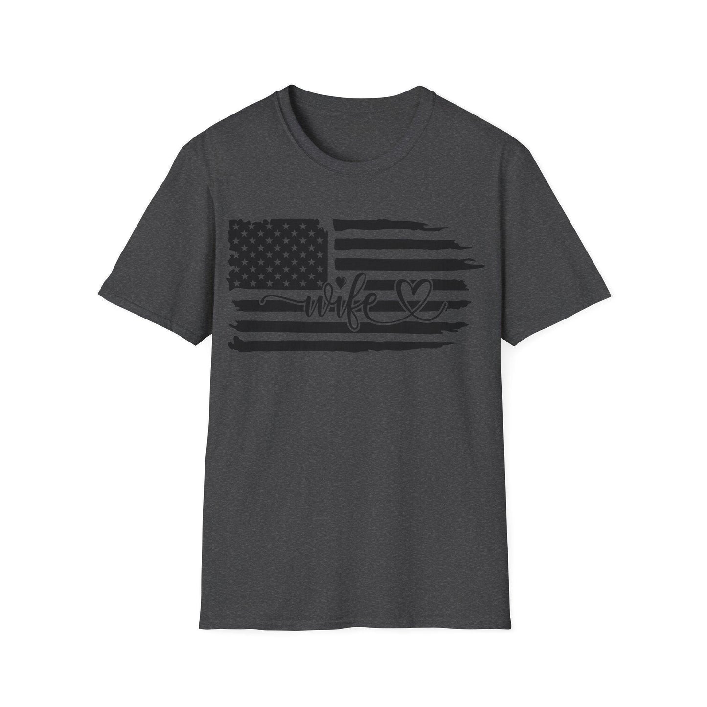 Close-up of the distressed black-and-white American flag graphic on the front chest of the unisex softstyle T-shirt