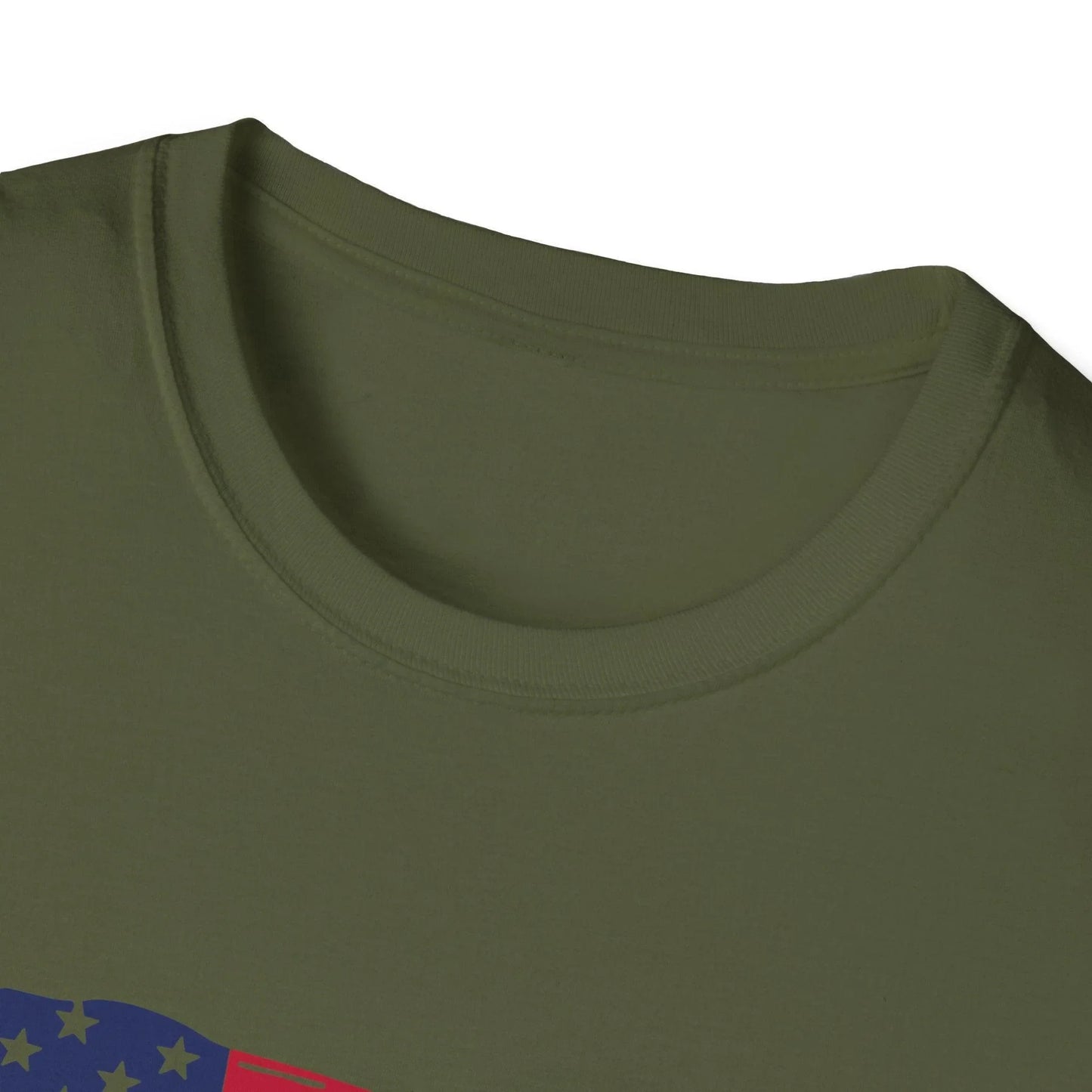 Close-up of the distressed American flag heartbeat graphic on the chest, highlighting vibrant colors and textured print