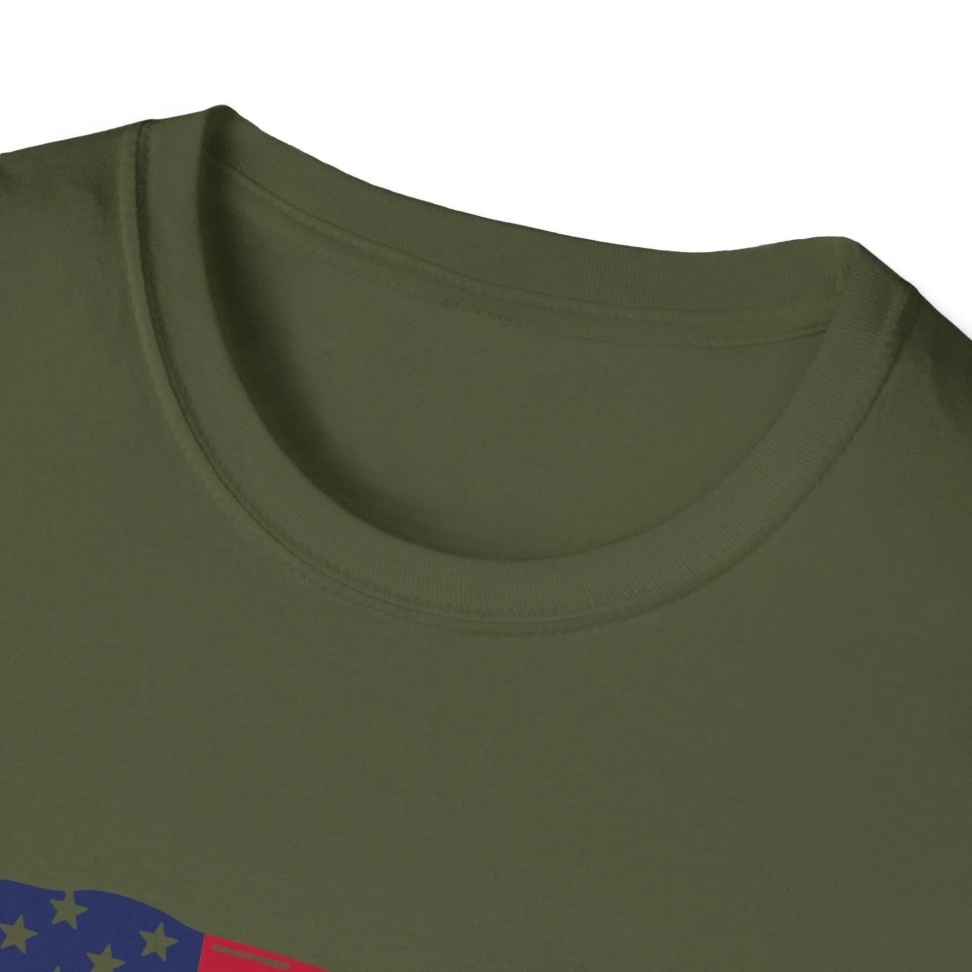 Close-up of the distressed American flag heartbeat graphic on the chest, highlighting vibrant colors and textured print