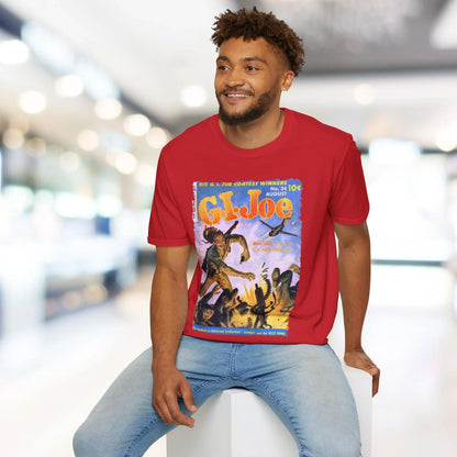 Close-up of the unisex softstyle T-shirt collar showcasing smooth ribbed neckline and subtle stitching detail in vibrant red