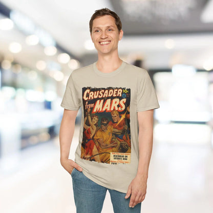 Close-up of the Crusader from Mars 2 T-shirt's collar showing the reinforced stitching and soft royal blue fabric from a