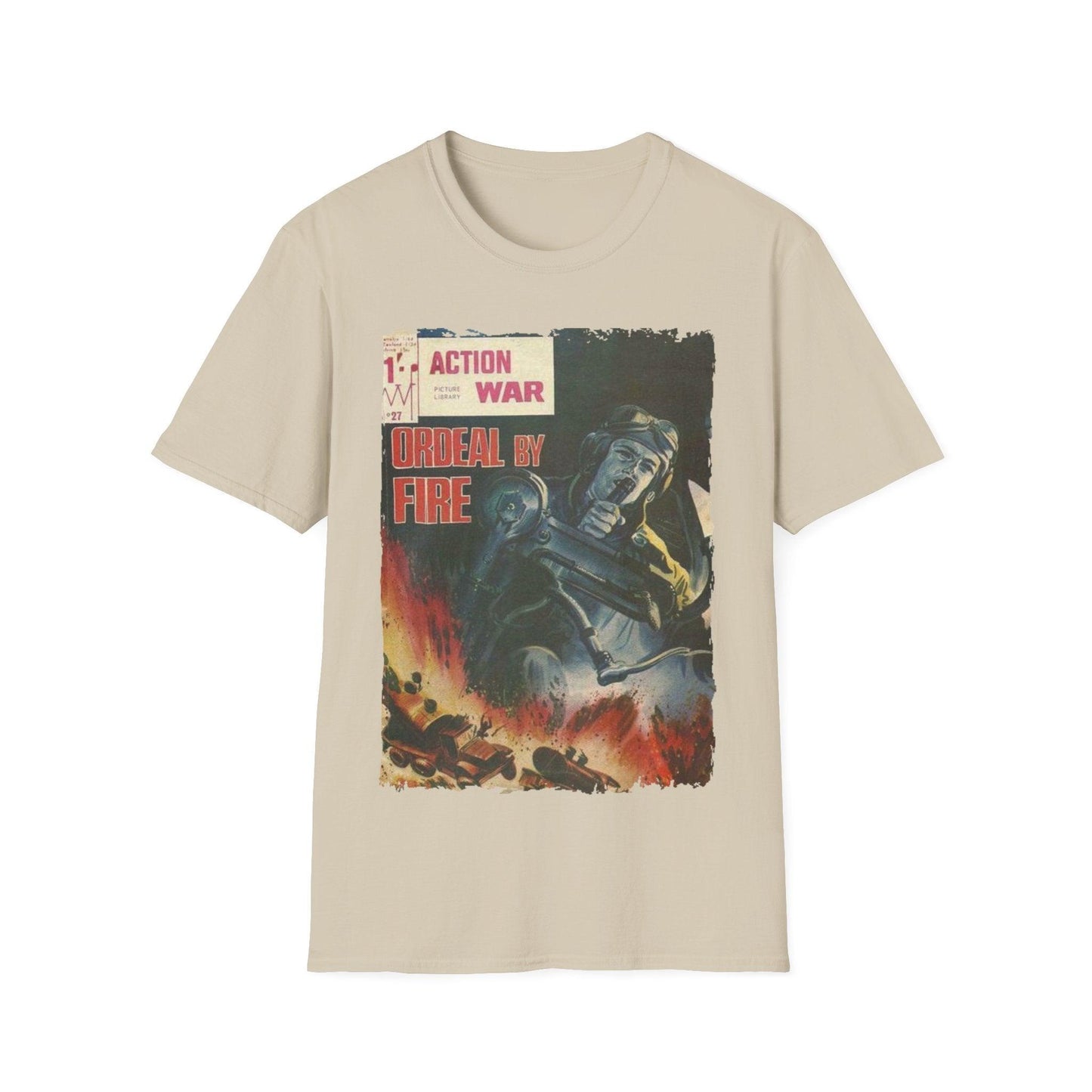 Close-up of the unisex softstyle T-shirt collar highlighting the rib-knit neckline and smooth fabric texture in deep navy