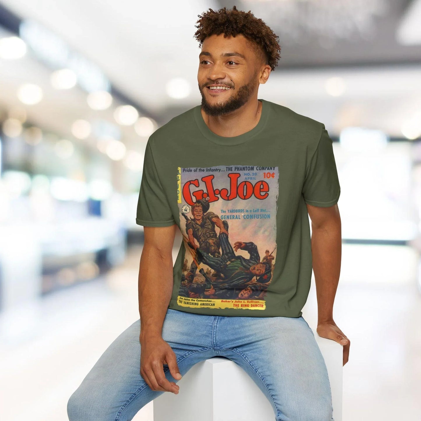 Close-up of the G.I. Joe No.20 T-shirt fabric showing the soft cotton blend texture and subtle navy color details near the