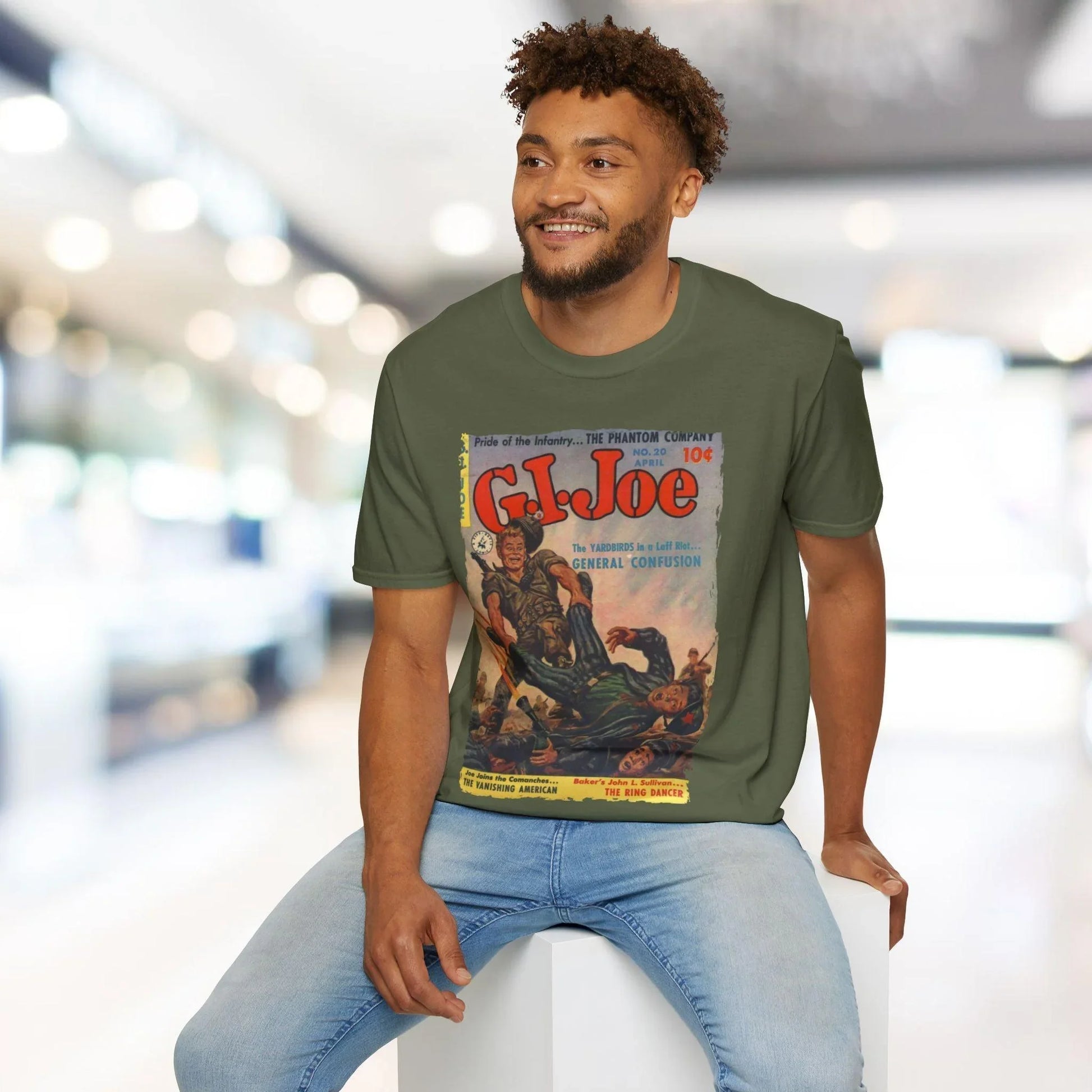 Close-up of the G.I. Joe No.20 T-shirt fabric showing the soft cotton blend texture and subtle navy color details near the