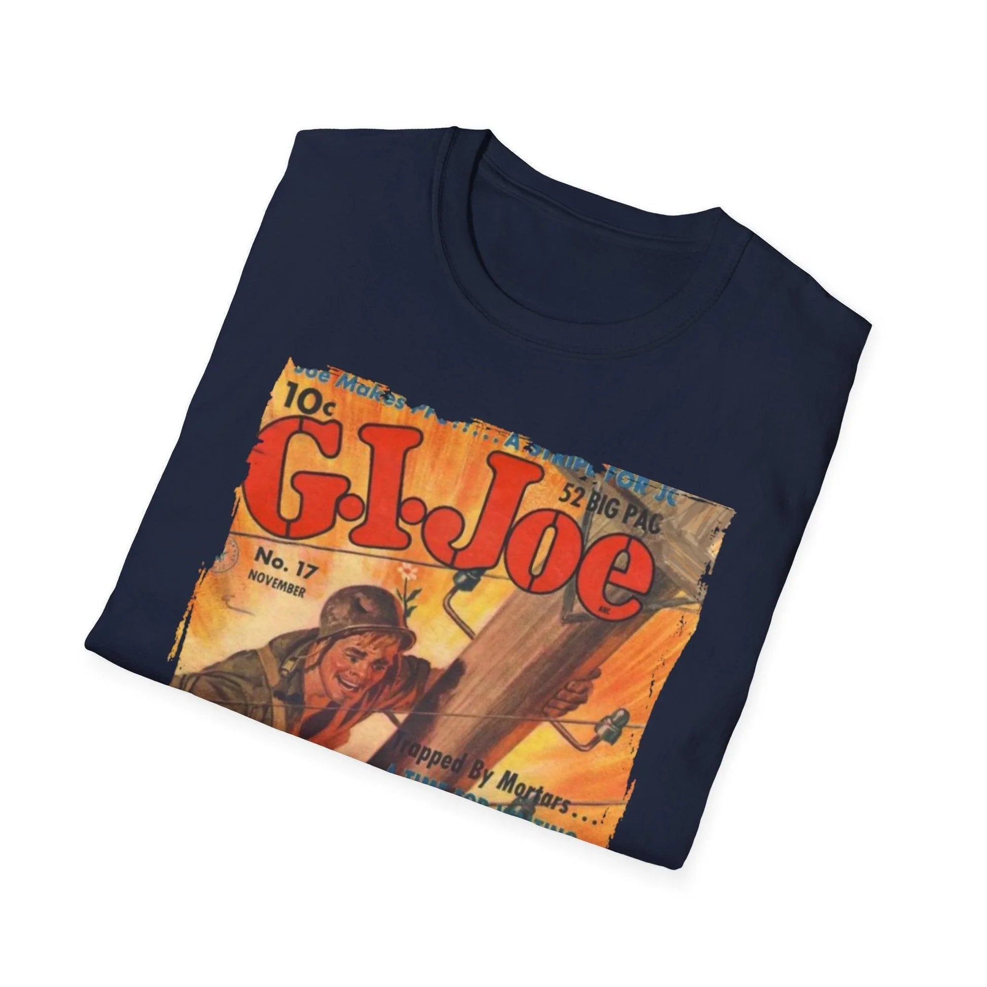 Close-up of the G.I. Joe No.17 unisex softstyle T-shirt's fabric texture and relaxed fit on the chest area in vibrant navy