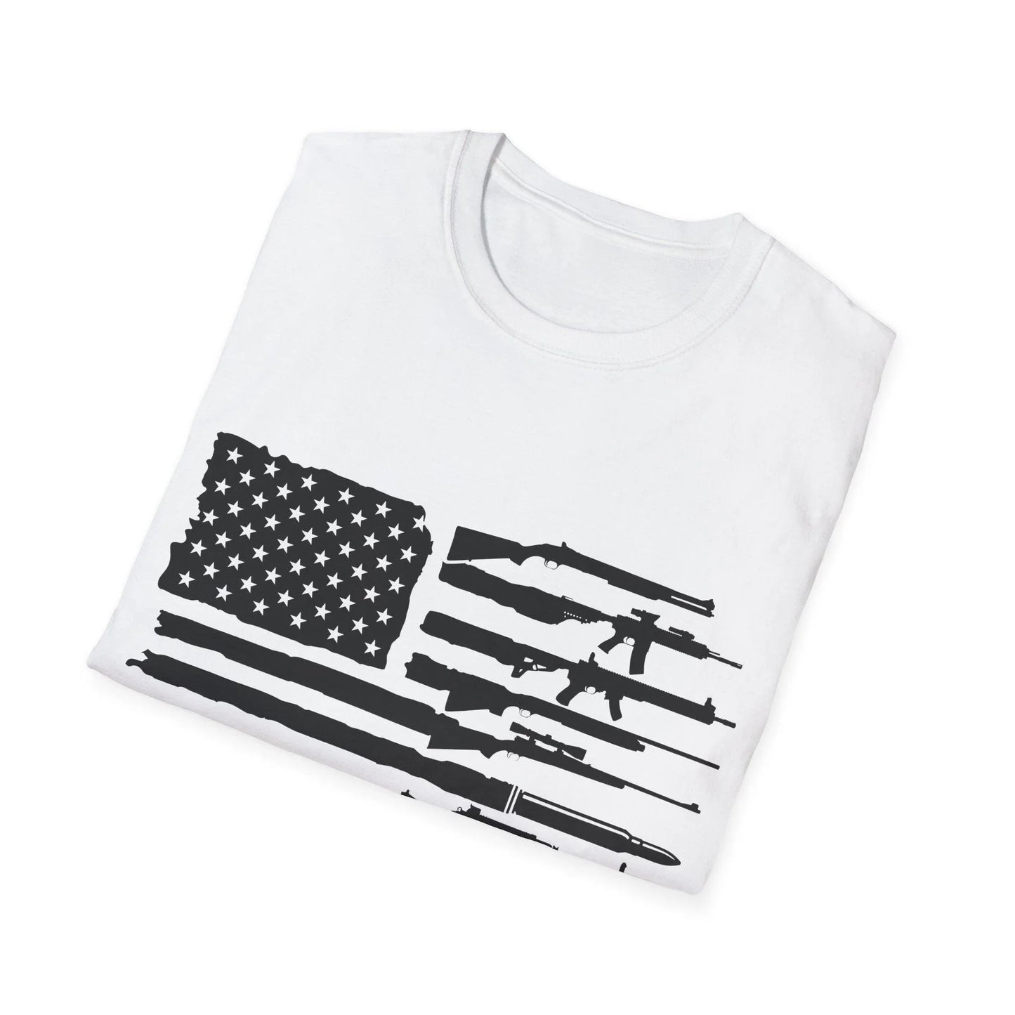 Close-up of the black and white American flag design on the soft, slim-fit crewneck T-shirt fabric texture with subtle