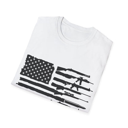 Close-up of the black and white American flag design on the soft, slim-fit crewneck T-shirt fabric texture with subtle