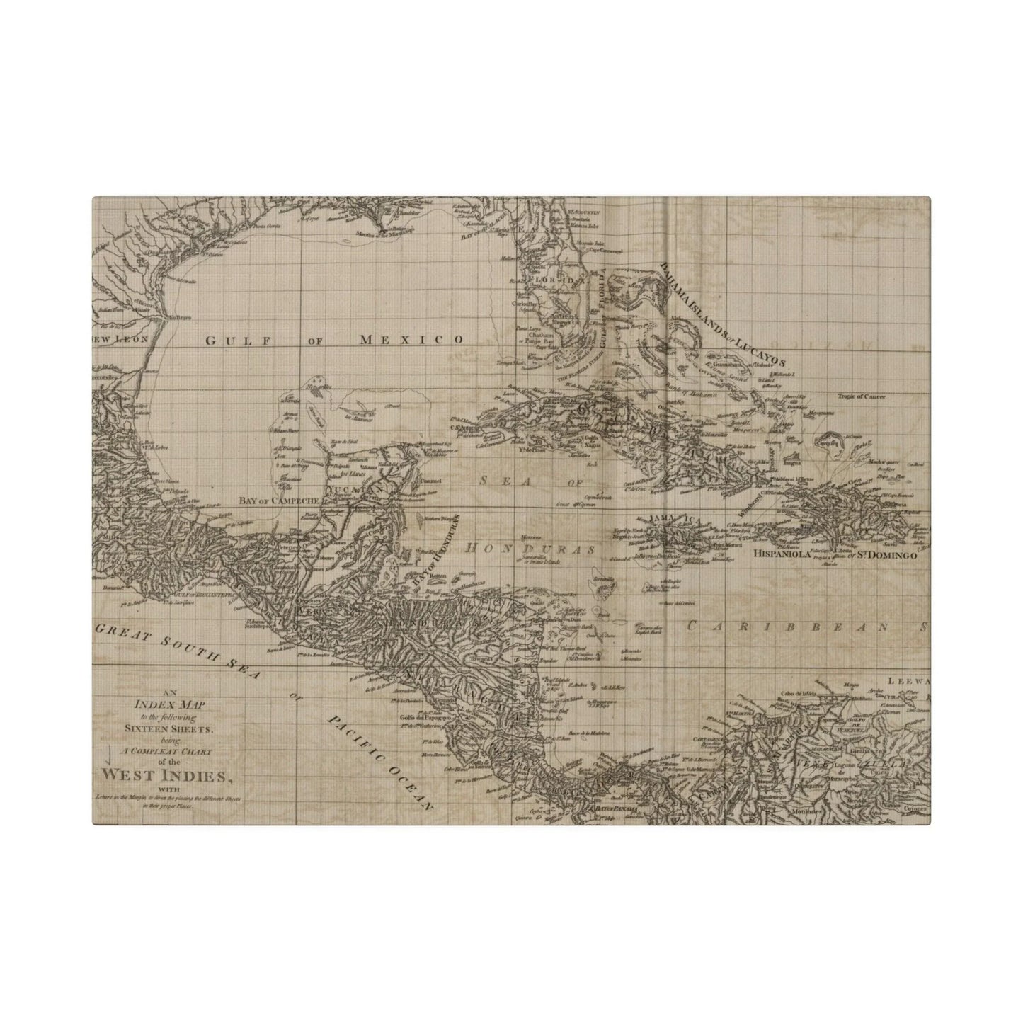 Close-up of the detailed vintage map texture with muted colors and visible brushstrokes, highlighting canvas material and