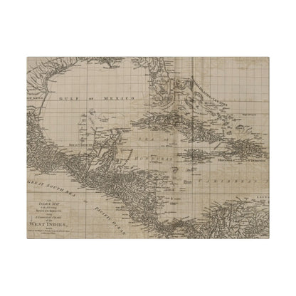 Close-up of the detailed vintage map texture with muted colors and visible brushstrokes, highlighting canvas material and