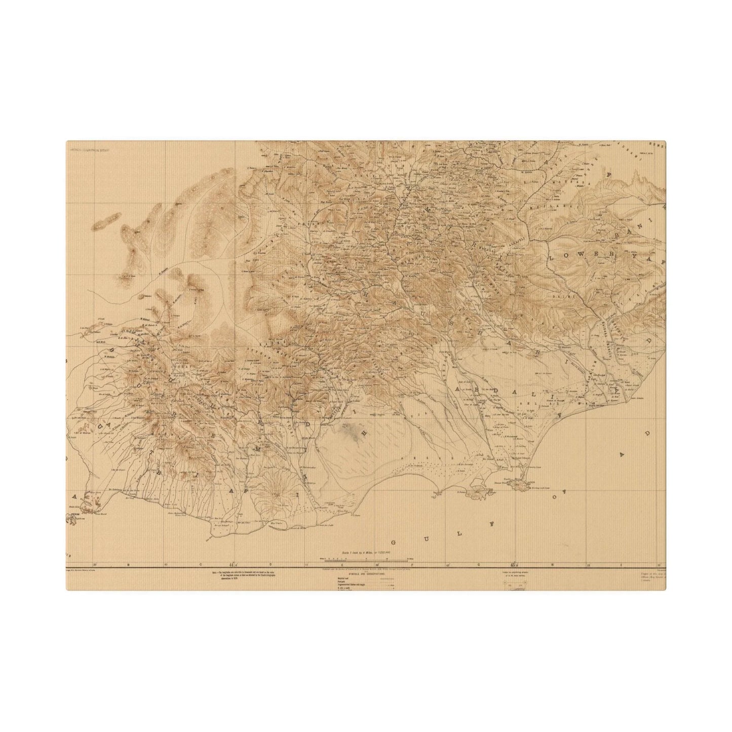 Close-up of textured canvas fabric showing subtle brushstroke details and natural earthy tones from the Arabian Peninsula