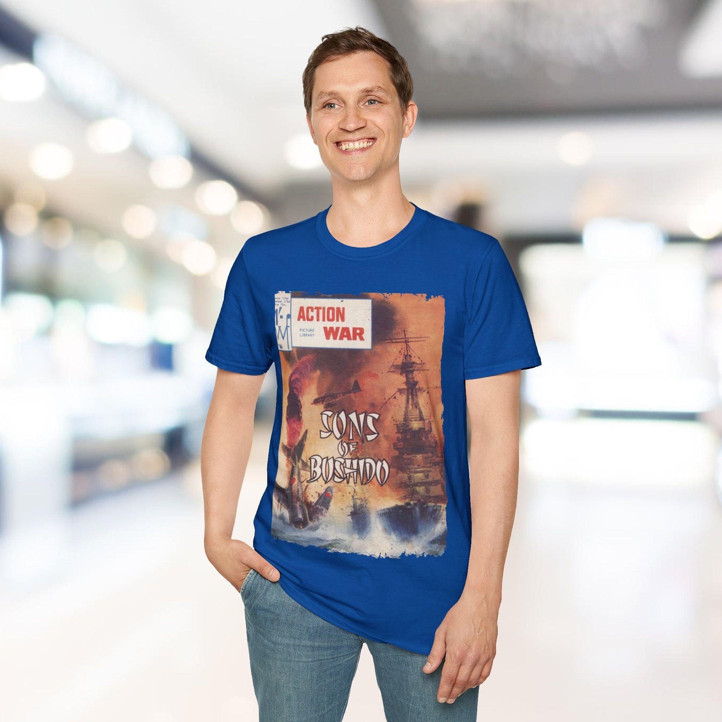 Close-up of the unisex softstyle cotton fabric displaying the smooth texture and relaxed fit collar detail from a front