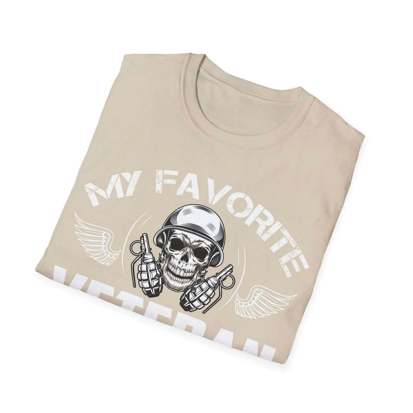 Close-up of the unisex softstyle fabric showing smooth, relaxed fit in navy with visible stitch details on the sleeve hem.