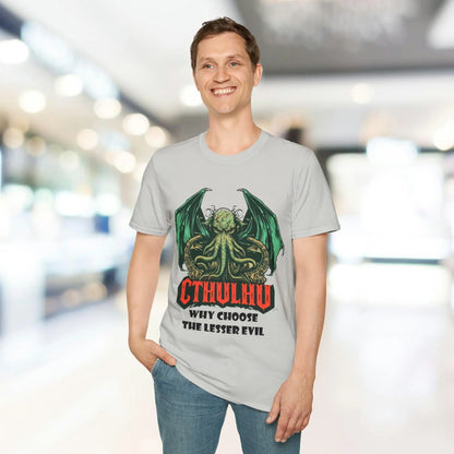 Close-up of the unisex relaxed fit T-shirt’s fabric texture and subtle Cthulhu graphic detail at the shoulder seam in navy