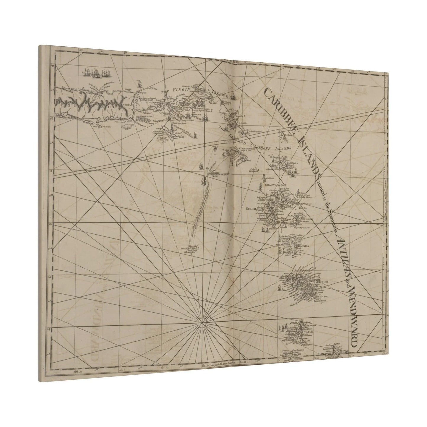 Close-up of vibrant Caribbean map detail with textured canvas surface and subtle color variations highlighting island