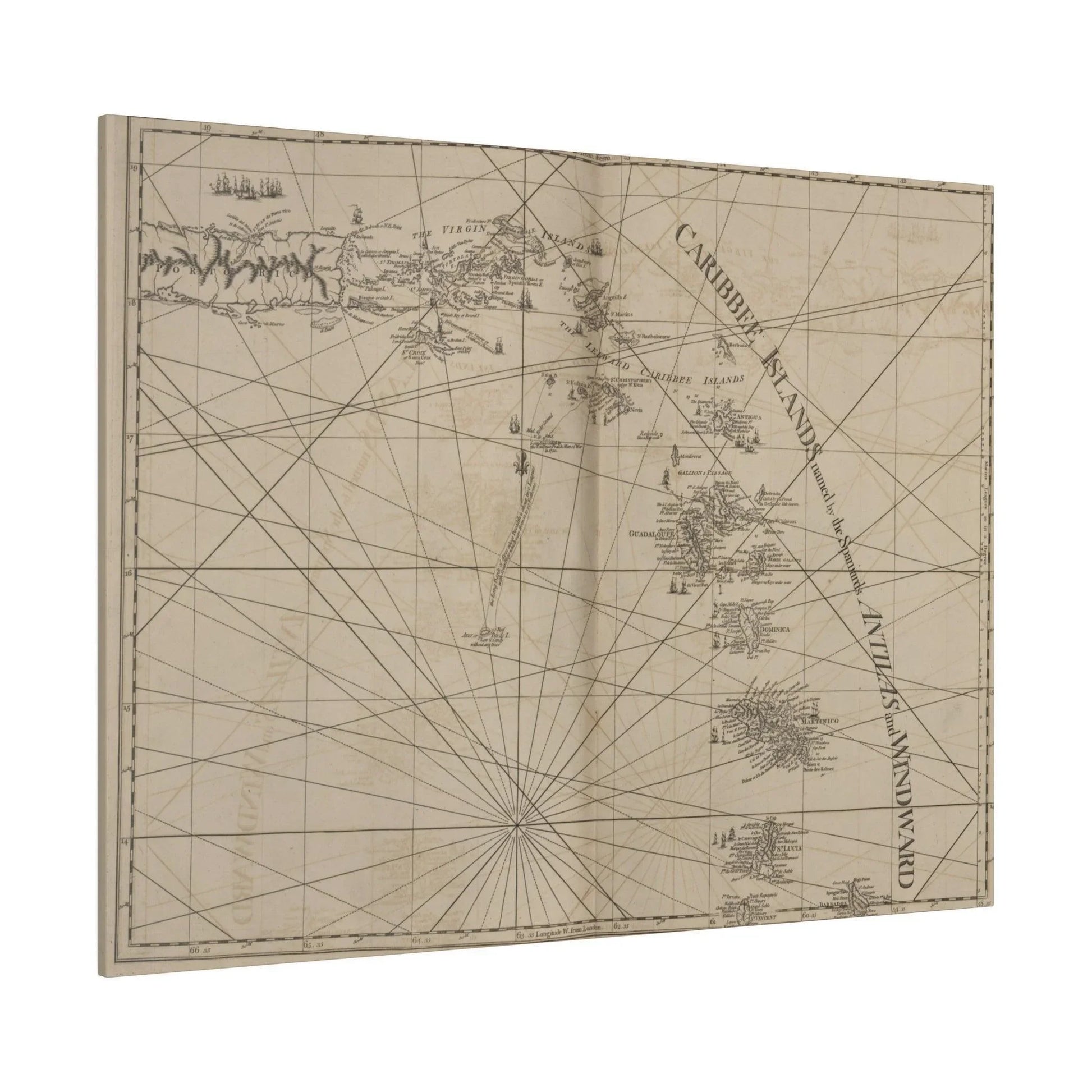 Close-up of vibrant Caribbean map detail with textured canvas surface and subtle color variations highlighting island