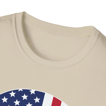 Close-up of the American Skull Flag lightweight cotton T-shirt's relaxed fit neckline and vibrant red, white, and blue print