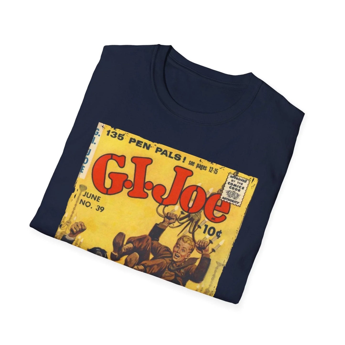 Close-up of the G.I. Joe No.39 softstyle T-shirt's vibrant red fabric and subtly textured cotton blend from a lower angle