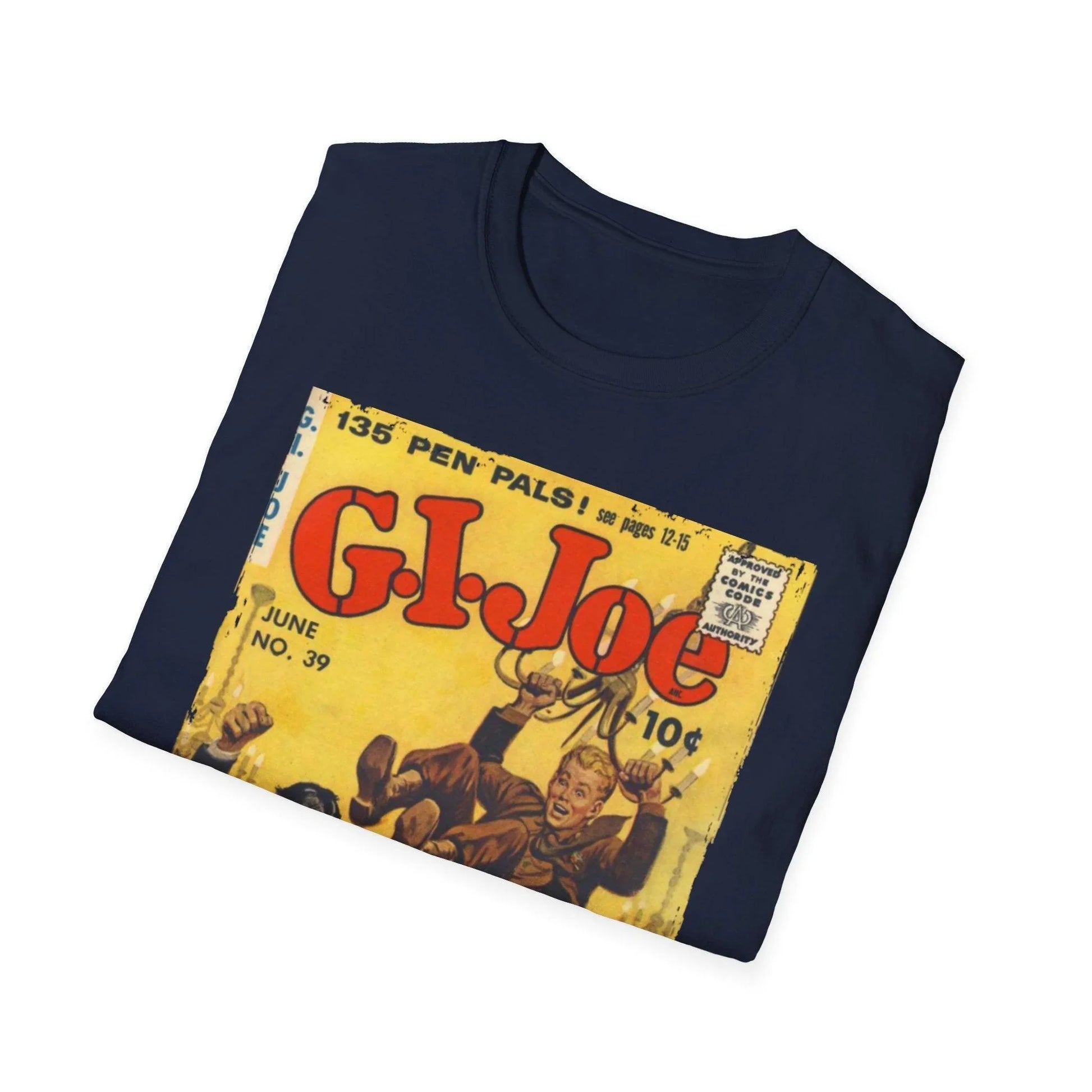Close-up of the G.I. Joe No.39 softstyle T-shirt's vibrant red fabric and subtly textured cotton blend from a lower angle