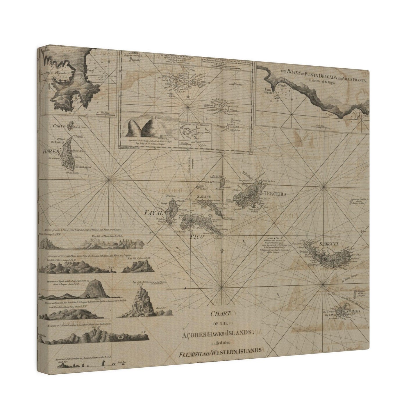 Close-up of the detailed coral and mountain landmarks on the Azores Islands map, highlighting vibrant colors and fine line