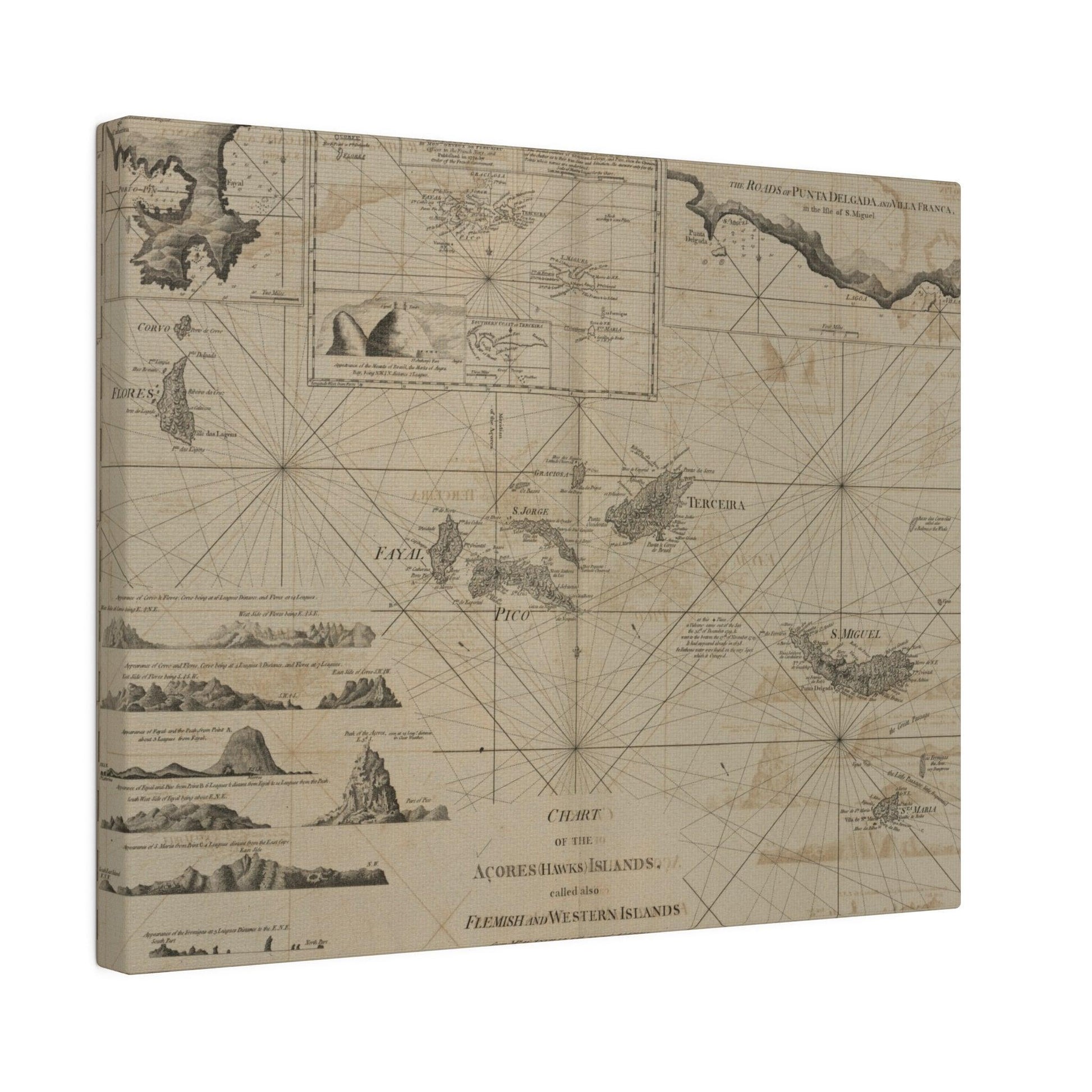 Close-up of the detailed coral and mountain landmarks on the Azores Islands map, highlighting vibrant colors and fine line