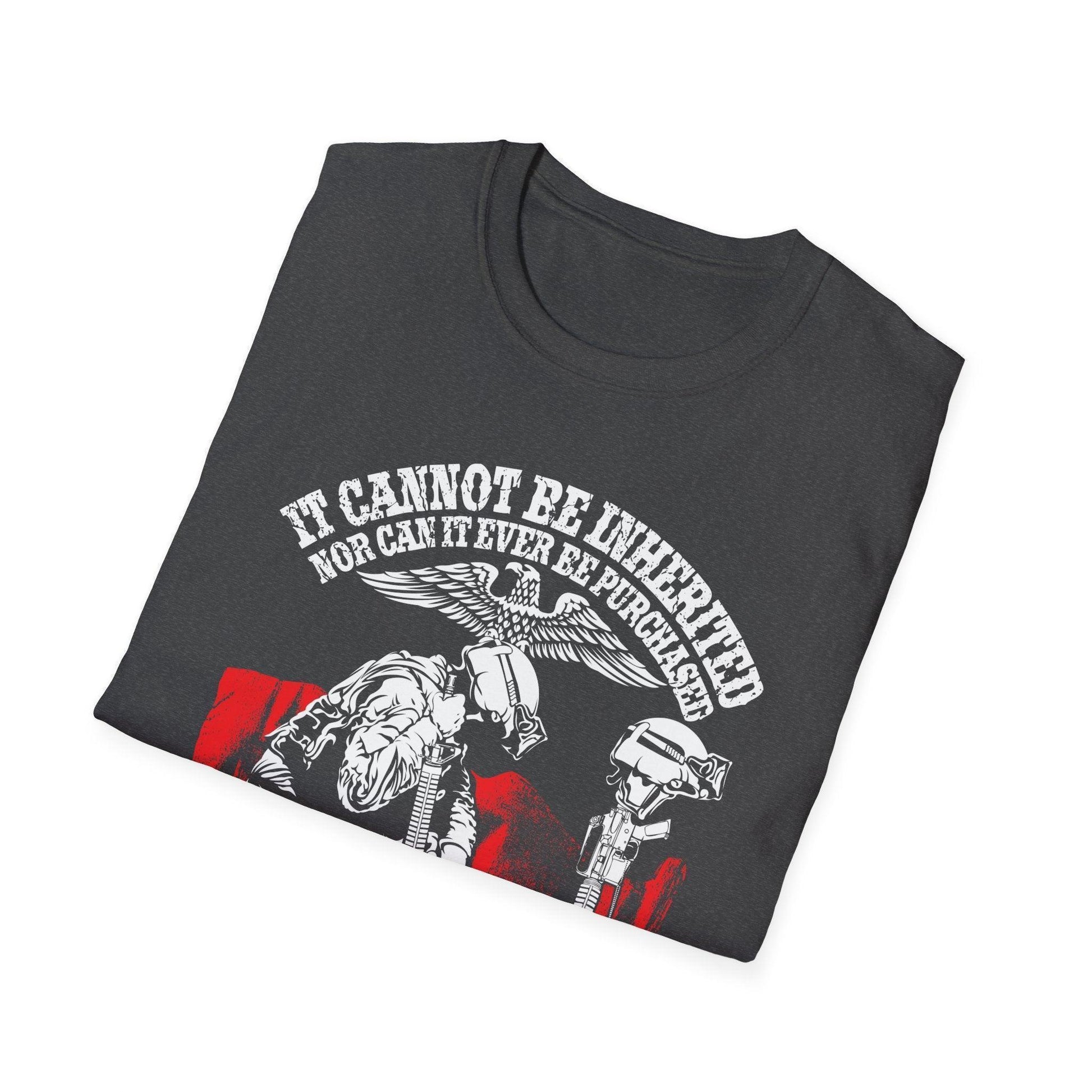 Close-up of the unisex softstyle T-shirt’s relaxed fit, showing the smooth cotton-blend fabric in Heather Gray from a