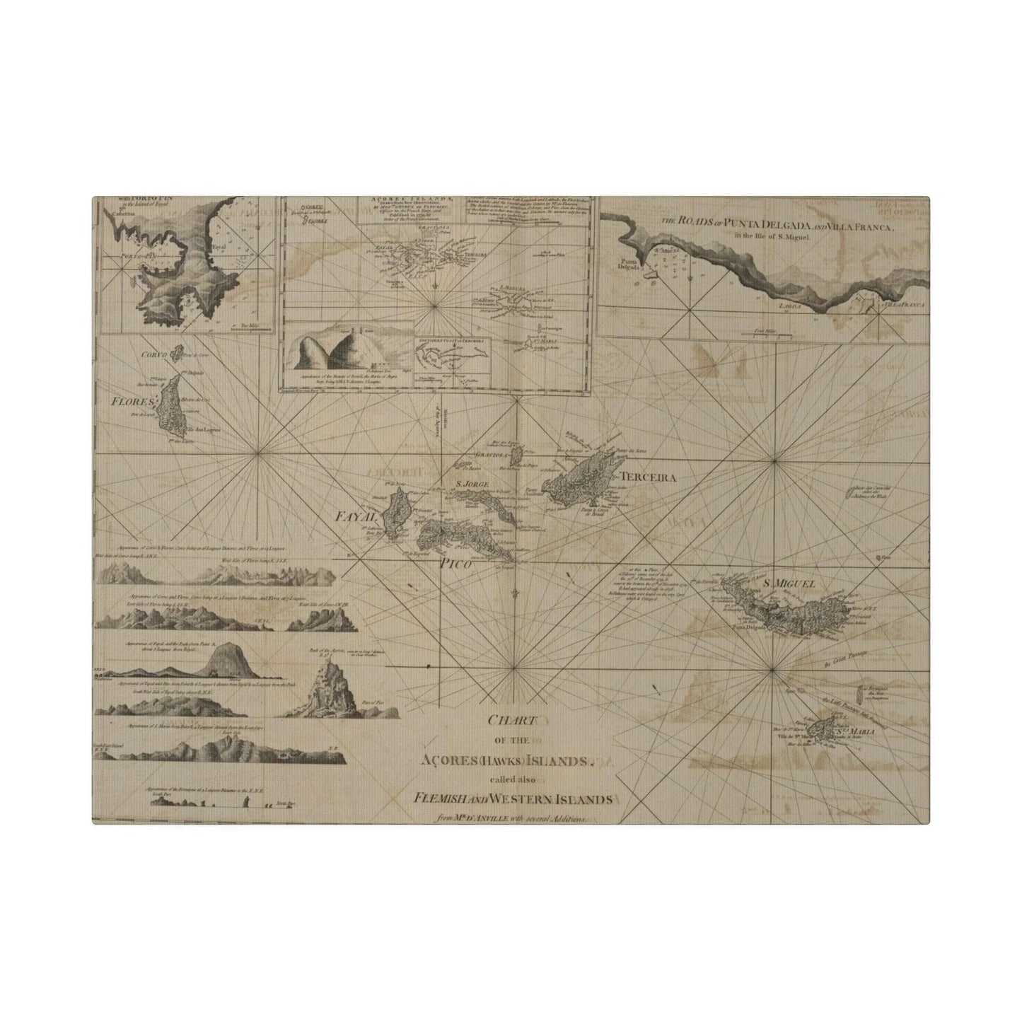 Close-up of the colorful Acores Islands chart highlighting detailed island names and vibrant watercolor textures