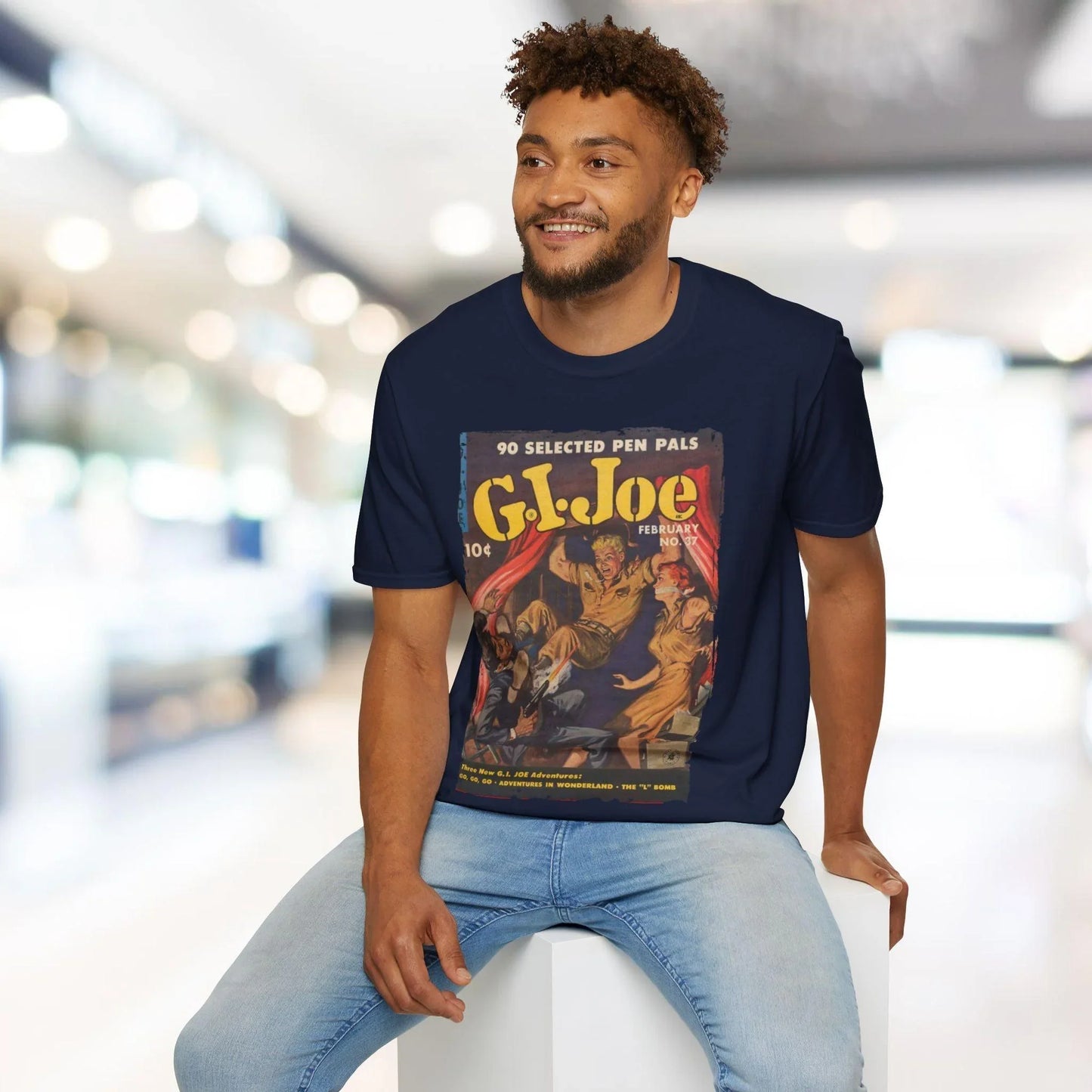 Close-up of the G.I. Joe No.37 softstyle T-shirt's vibrant red fabric and finely stitched crew neckline from a front angle