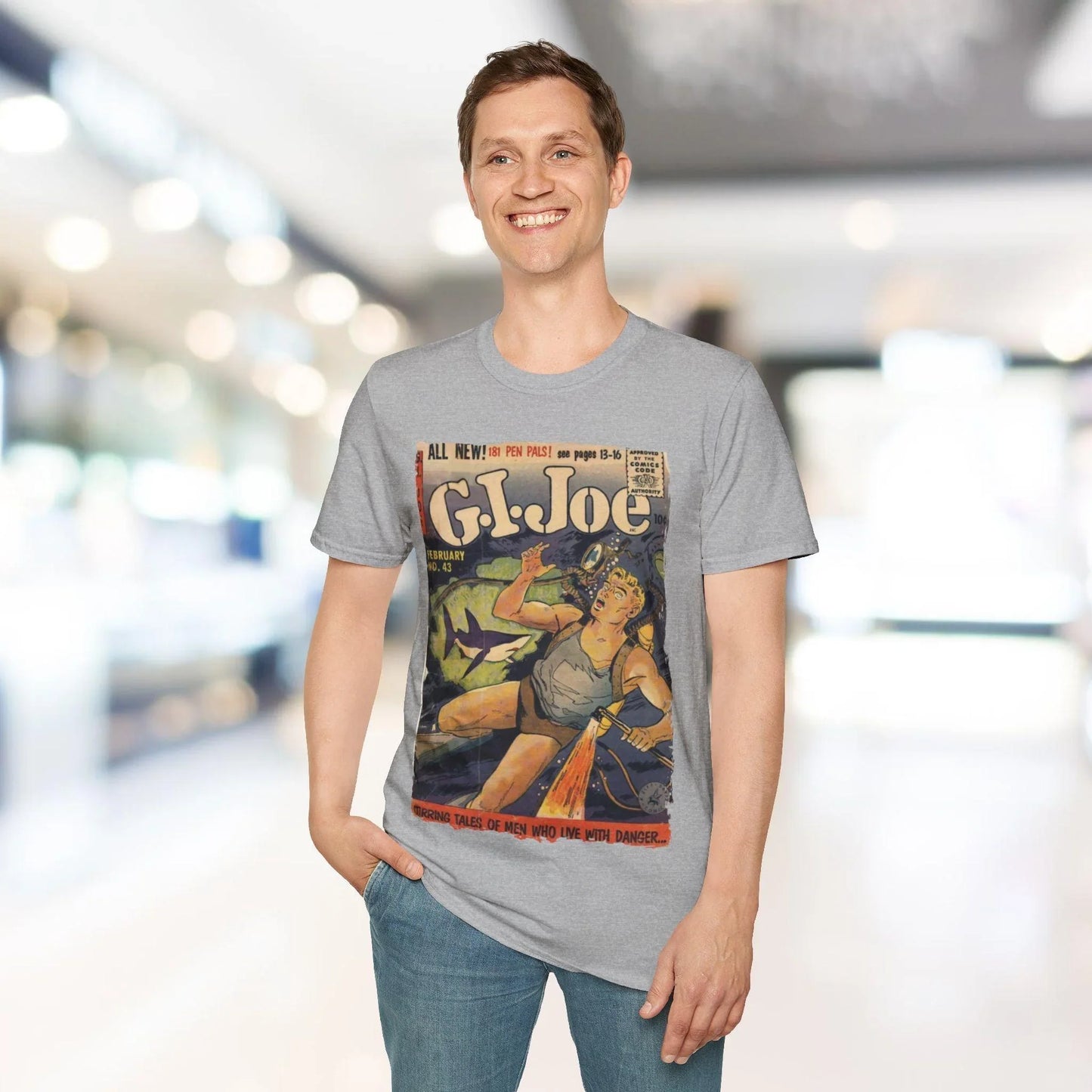 Close-up of the G.I. Joe No.43 softstyle T-shirt's collar showing the reinforced stitching and smooth ribbed neckline in