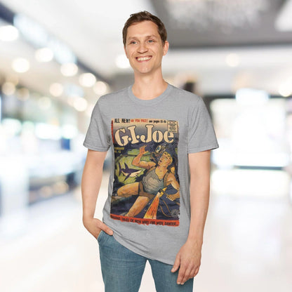 Close-up of the G.I. Joe No.43 softstyle T-shirt's collar showing the reinforced stitching and smooth ribbed neckline in