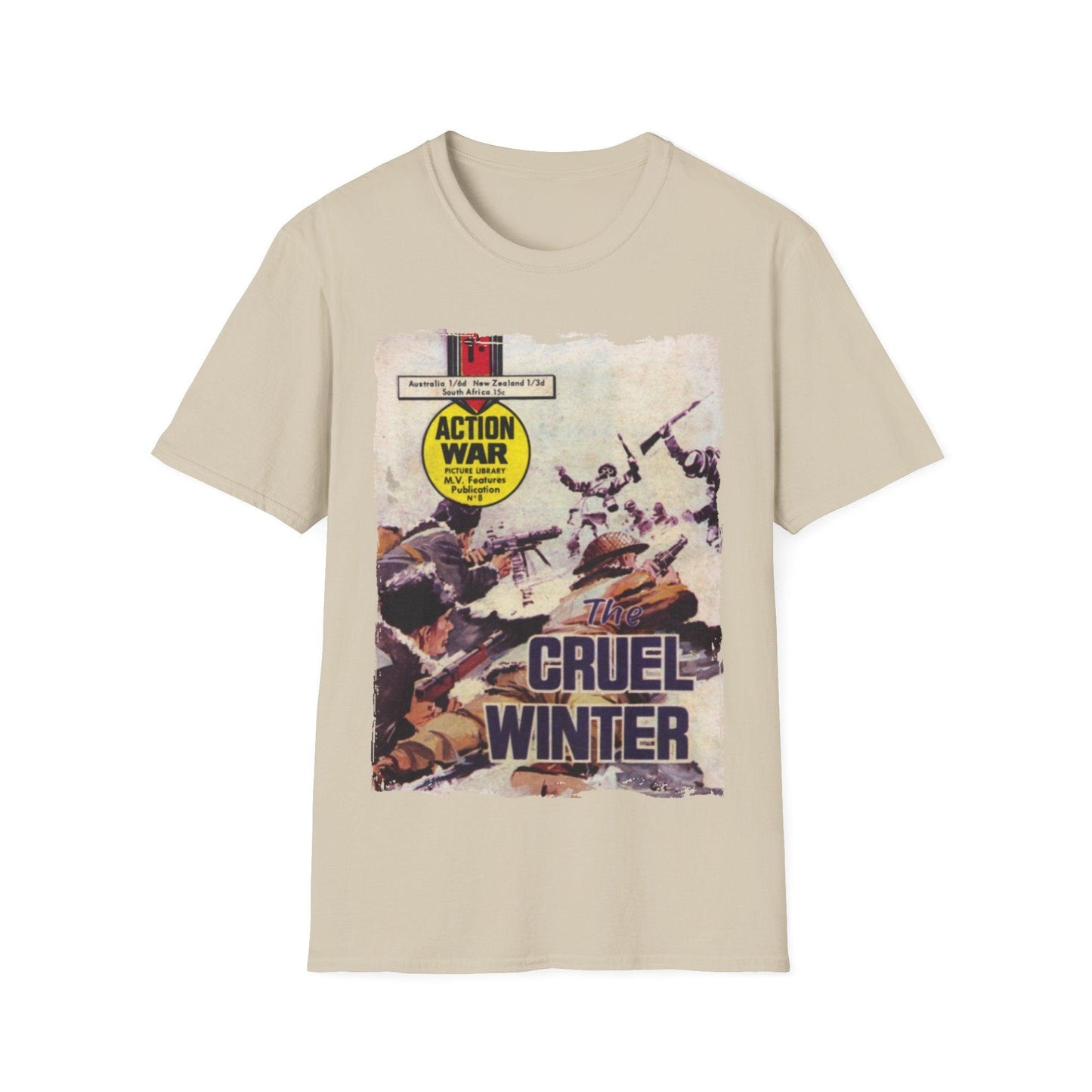 Close-up of the unisex softstyle T-shirt's small front chest logo tag in black, highlighting textured fabric and relaxed fit.