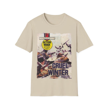 Close-up of the unisex softstyle T-shirt's small front chest logo tag in black, highlighting textured fabric and relaxed fit.