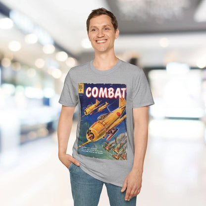 Close-up of the Combat Jan 1961 unisex softstyle T-shirt's stitched neckline detail in heather navy fabric with visible