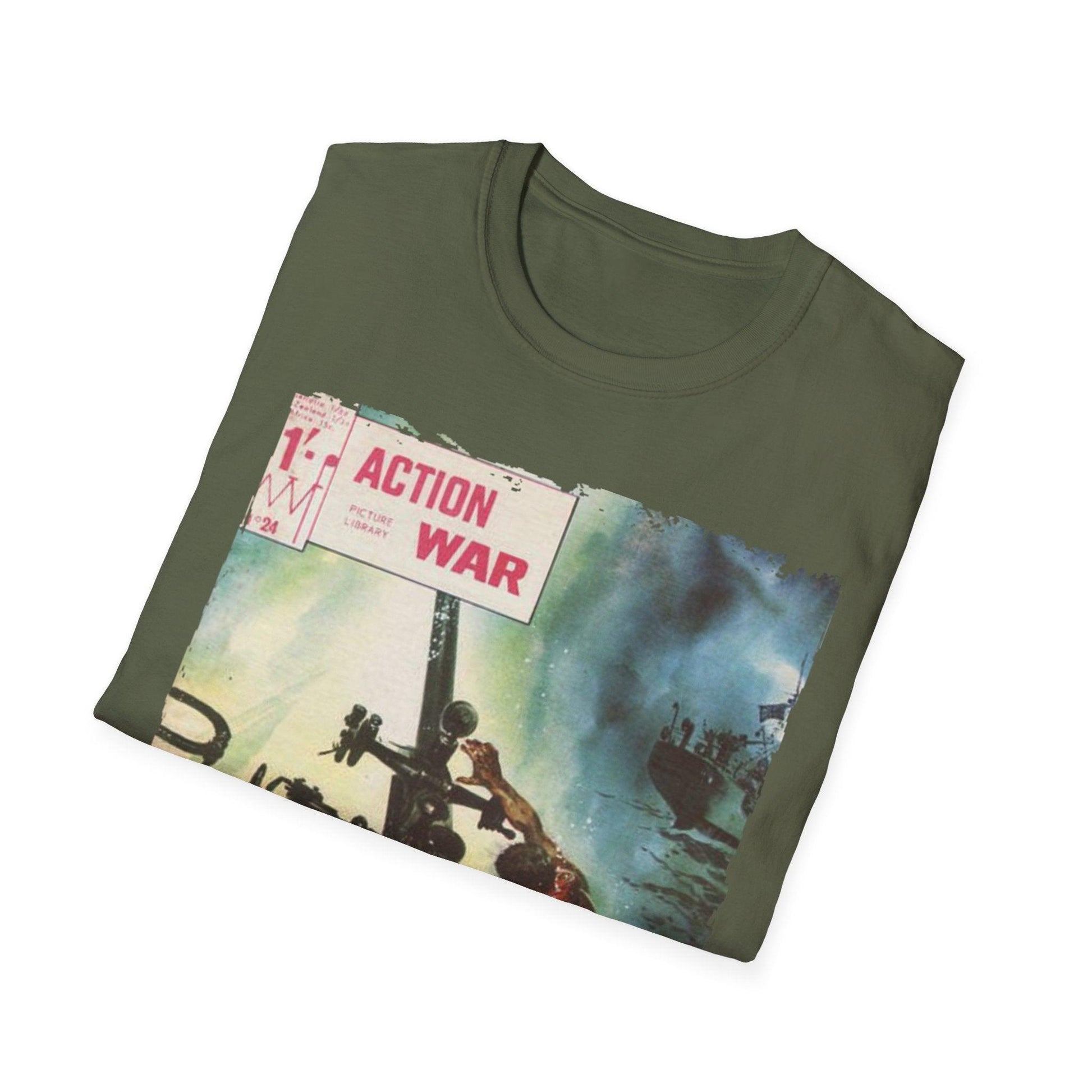 Close-up of the unisex softstyle T-shirt's navy fabric displaying subtle heather texture and reinforced double-stitched