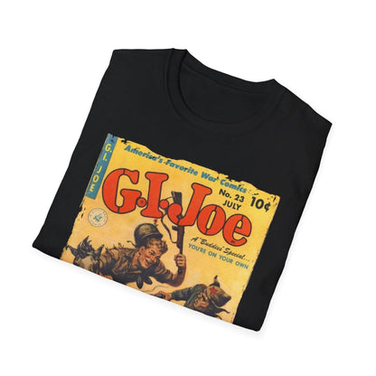 Close-up of the G.I. Joe No.23 softstyle T-shirt's deep navy fabric showing subtle cotton jersey texture and stitched collar