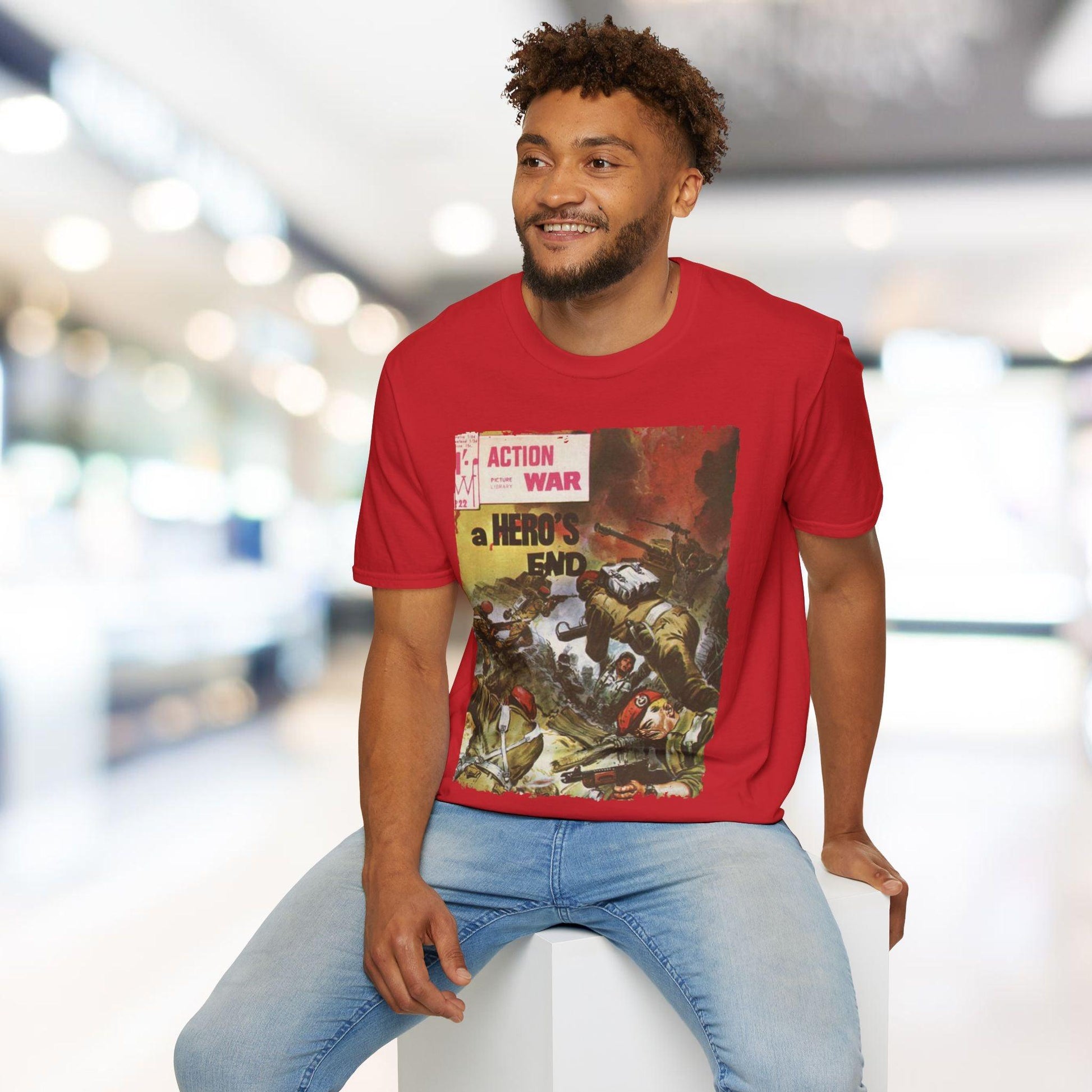 Close-up of the unisex softstyle T-shirt collar displaying reinforced stitching and the "Action War #22" tag detail on the