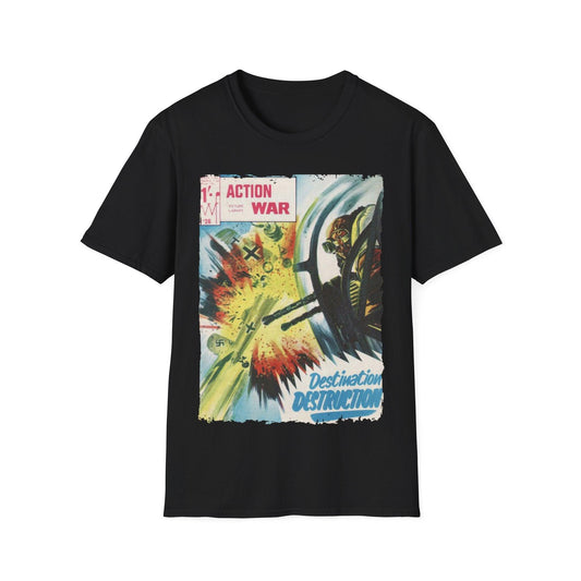 Printify Action War #26 unisex cotton softstyle T-shirt with crew neck, regular fit, printed design in black and white